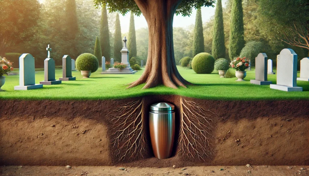 Urna seppellita in giardino sotto un albero