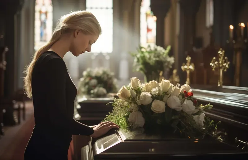 Donna che saluta un defunto in chiesa