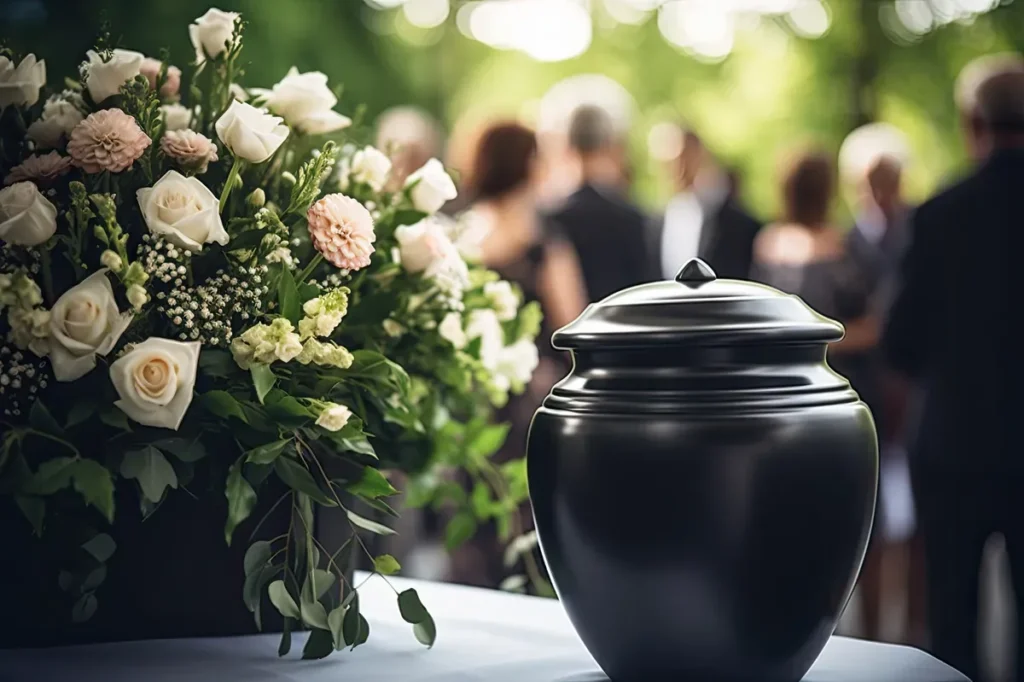 Urna funeraria con composizione floreale e persone sullo sfondo
