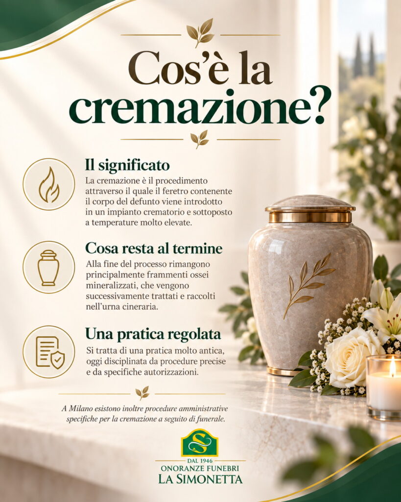 Infografica che spiega cos’è la cremazione, con urna cineraria, icone informative e definizione del procedimento crematorio.