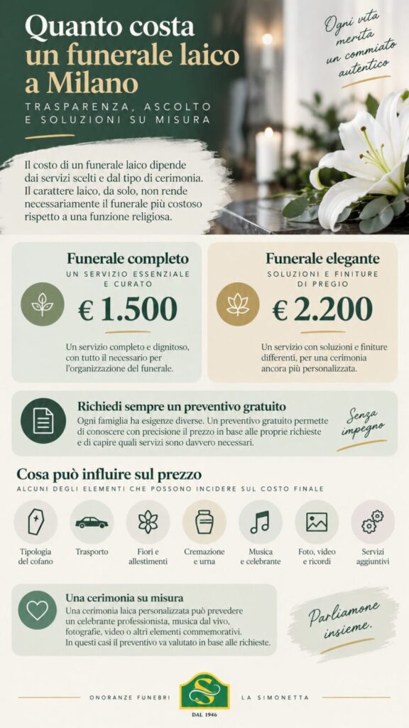 Infografica sul costo di un funerale laico a Milano di Onoranze Funebri La Simonetta, con funerale completo a 1.500 euro, funerale elegante a 2.200 euro e principali elementi che possono incidere sul prezzo.